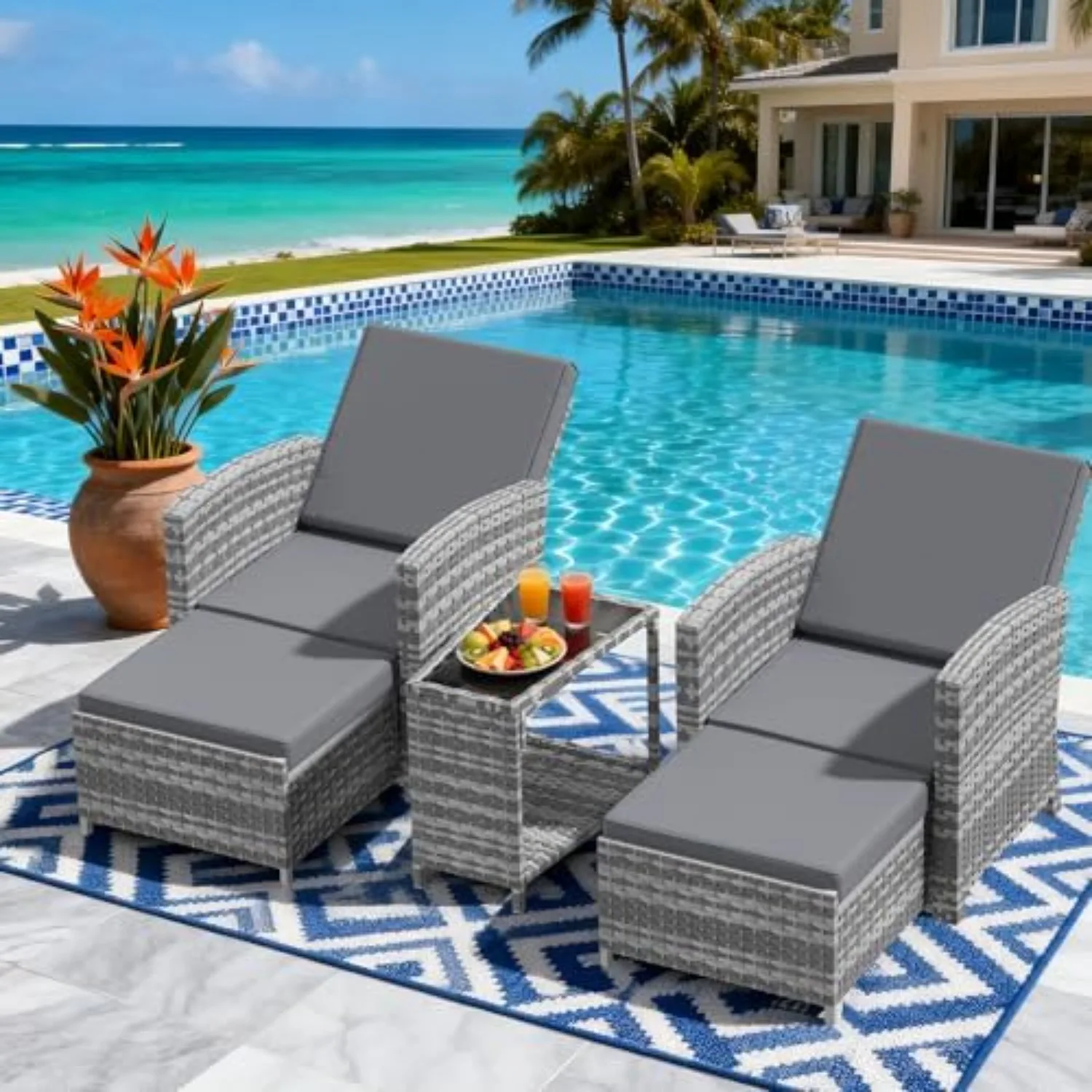 3-Piece Outdoor Wicker Chaise Lounge Set, Infinite Position Adjustable Backrest, Removable Cushion & Glass Side Table