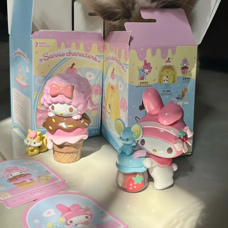 Sanrio comida diversão série caixa cega minha melodia cinnamoroll pochacco pompom purin kuromi kawaii anime figura brinquedo decoração menina presente de natal