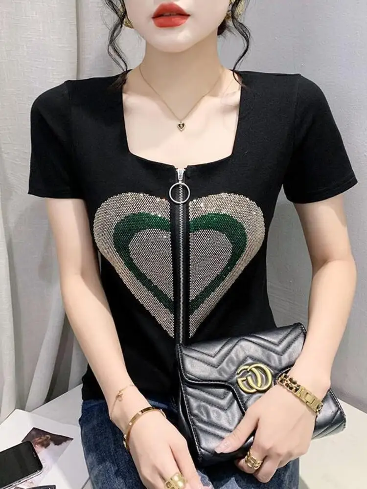 2023 Summer New Design Heavy Industry Zipper Hot Diamond Versatile Slimming Women's Top T-shirt Short Sleeve