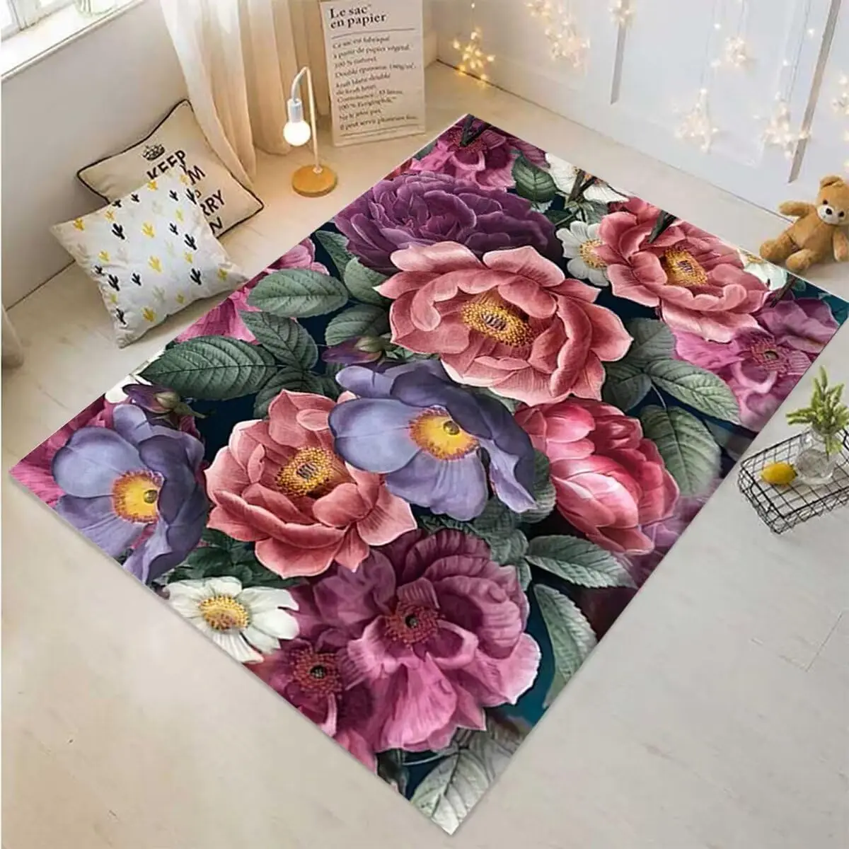 

Colorful Blooming Rose Flowers Area Rugs for Home Office Decor 3D Floral Print Living Room Rugs Under Sofa Table Non Skid Carpet