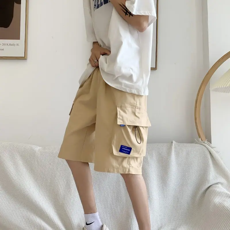 Korean Trendy Summer New Men's Patchwork Pockets Solid Loose Drawstring Straight Sports Casual Elastic Waist Knee Length Shorts