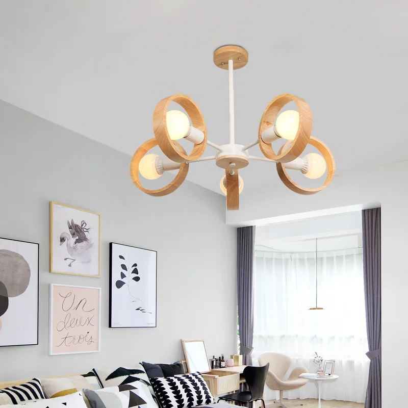Black White Modern Ceiling Chandelier Lamp 3/5/6/8 Lights E27 Windmill LED Nordic Wooden Hanging Light for Living Room Bedroom