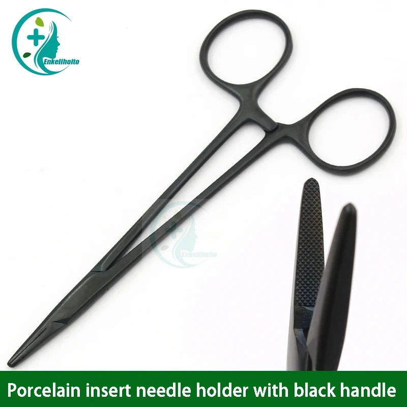 Suporte de agulha de aço inoxidável com alça preta Inserção de porcelana assada Ferramenta de pálpebra dupla Needle Holder Need