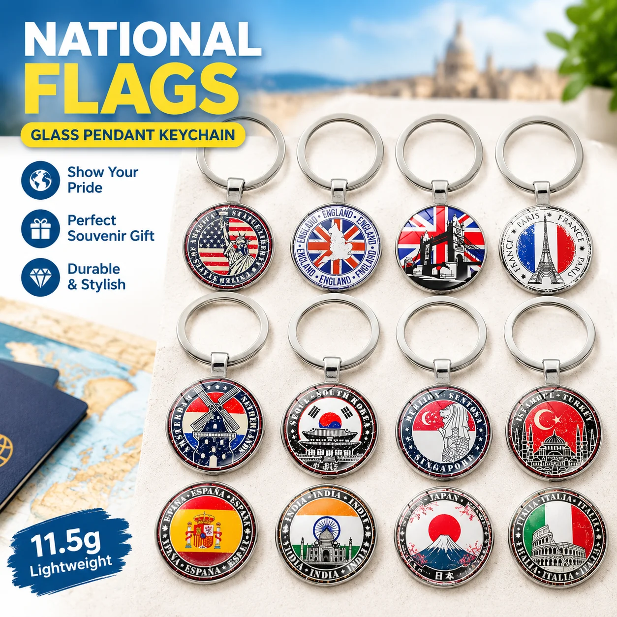 Glass Pendant Keychain National Flags Korea Singapore Netherlands UK Spain India Japan Italy Zinc Alloy Souvenir Gift 11.5g