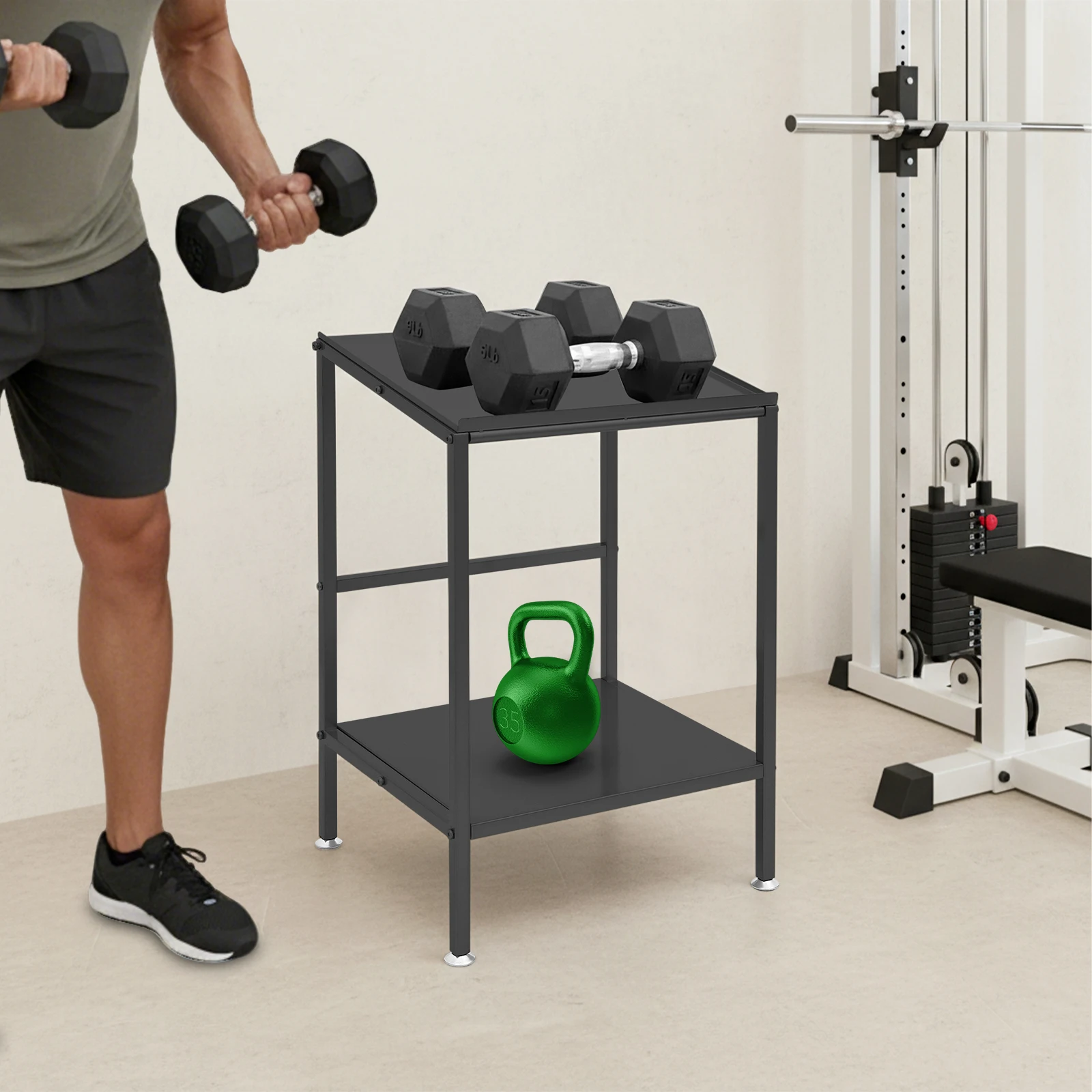 Storage Rack for Garage Home Gym, 2-Tier Weight Stand 300lbs, Anti-Slip Raised Edge & Leveling Feet Organizer