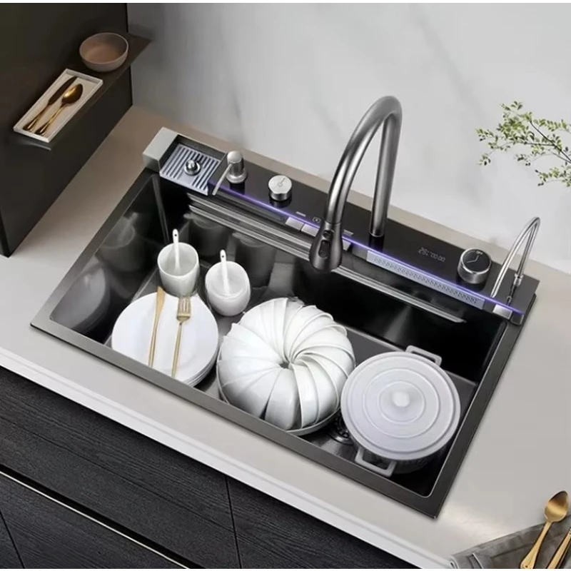 Popular Style Fashion Single Bowl Waterfall Kitchen Sink PVD Black Nano 304 Stainless Steel