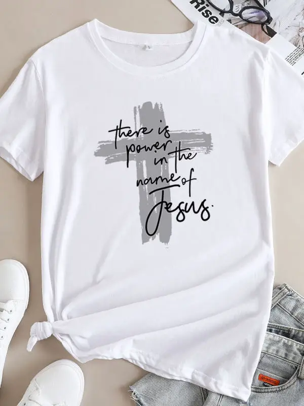 Faith Motivational Graphic Tee Women T-Shirt - A Short-sleeved T-shirt with Inspirational Graphics Featuring the Cross Symbol,