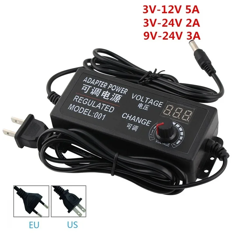 Adjustable Power Supply Adapter AC To DC 3V 9V 12V 24V Universal Adapter EU/US Plug with Display Screen Voltage Regulated