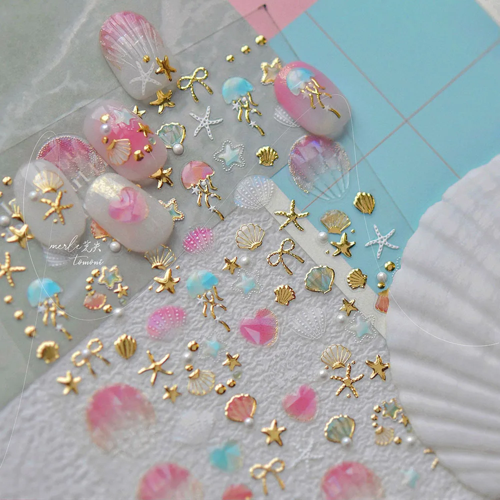 Shell Starfish Nail Art Stickers Extra 5D Ocean Jellyfish Self-Adhesive Design Nail Art Stickers Decals Gold Silver Nail Slider