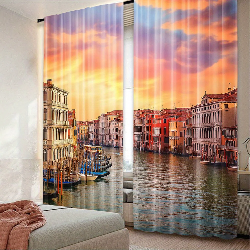 Venice Canal Curtain, Sunset Cityscape Window Drape, Italy Landscape Decor for Living Room, European Scenery Print Home Textile