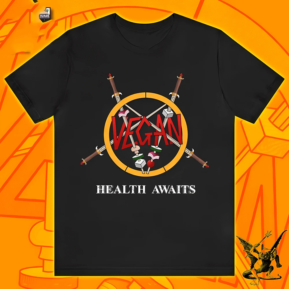 Health Awaits Vegan T Shirt Retro Thrash Metal Inspired Tee Vintage Graphic Vegan Chef Apparel Animal Liberation Pentagram Tops