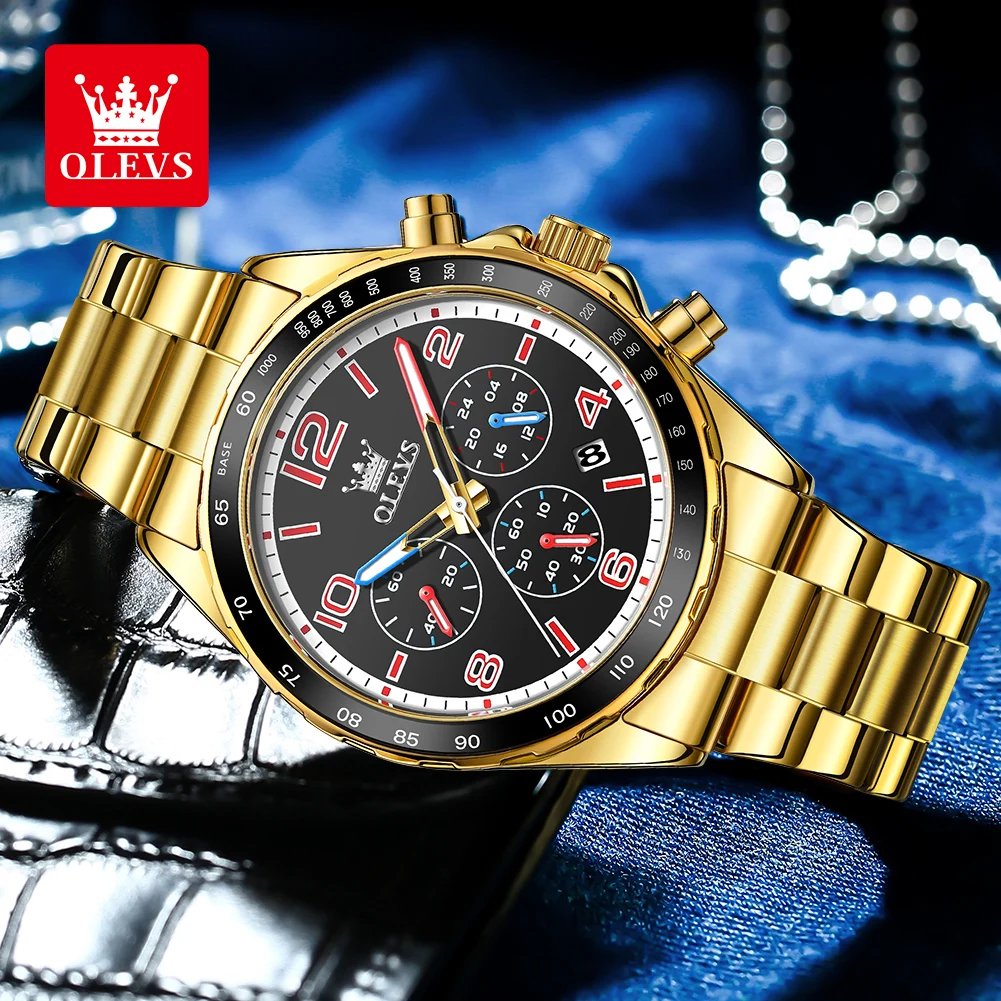 Olevs-メンズラグジュアリークォーツ時計、ステンレス鋼、防水、発光、クロノグラフ、デジタルダイヤル、メンズリストウォッチ、限定、新品