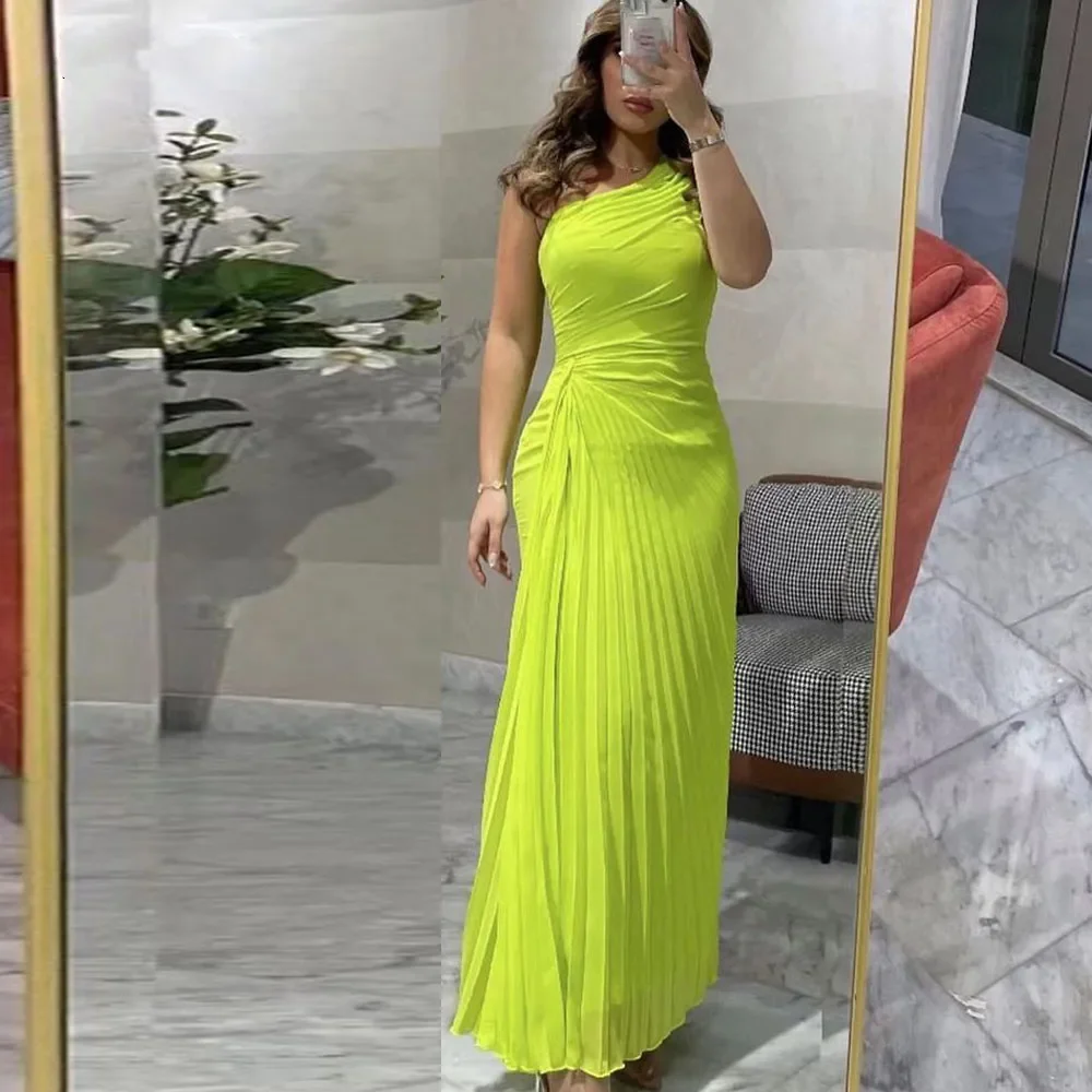 Chartreuse Beach Evening Dresses Mermaid One Shoulder Long Chiffon Pleatsd Formal Saudi Arabic Prom Dresses Vestidos De Gala