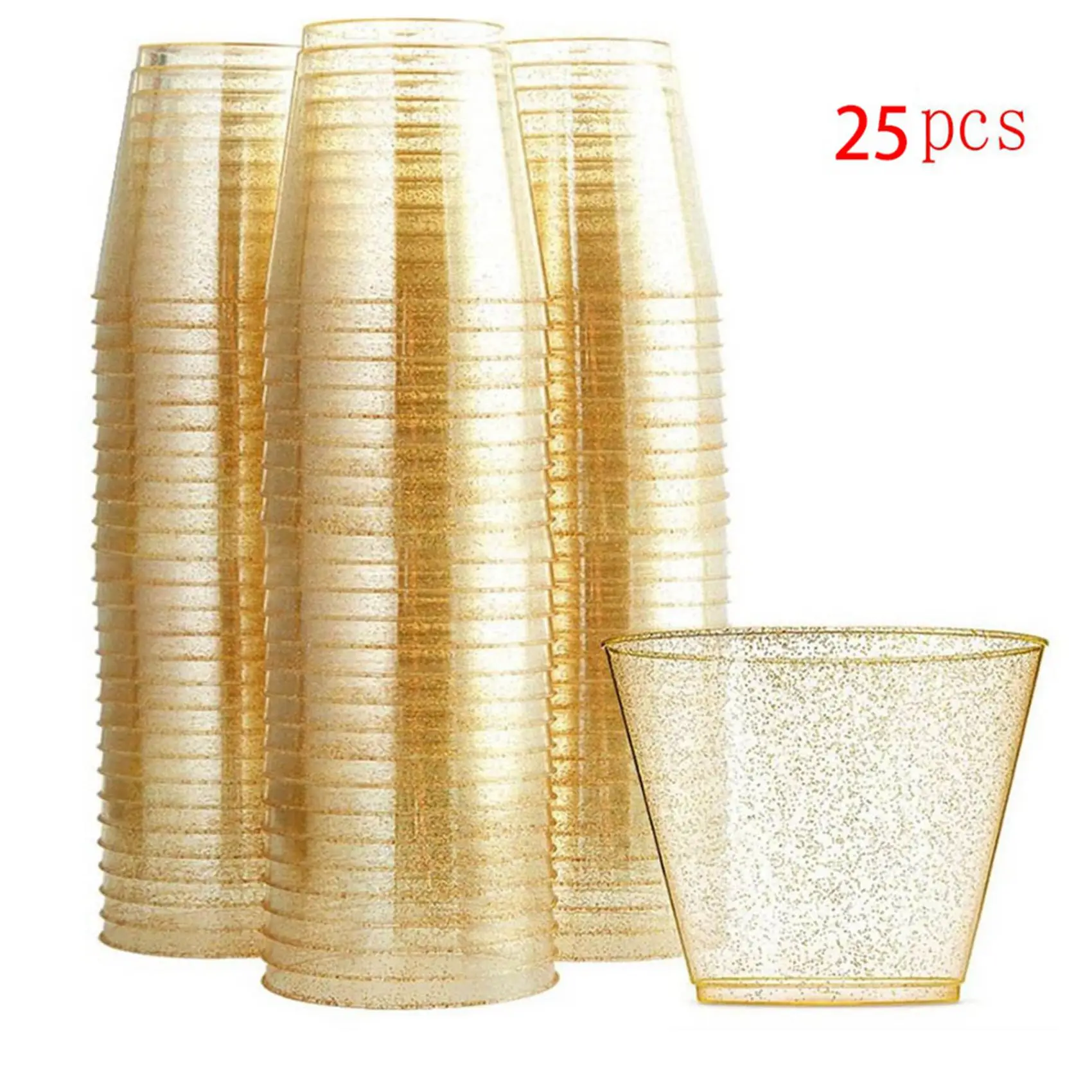 HRBAJ-Gold Plastic Cups Clear Plastic Wine Glasses, Fancy Disposable Hard Plastic Cups With Gold Glitter For Party Cups 50Pcs