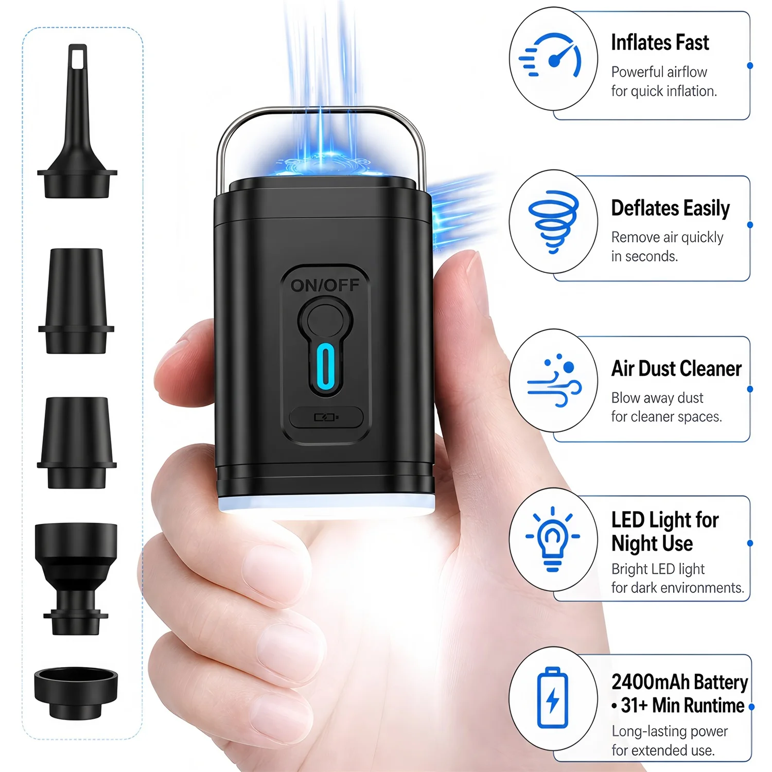 Portable Electric Air Pump Inflate Deflate LED Lighting Multifunctional Inflator Tool for Outdoor Camping Air Mattress Air Bed view 3