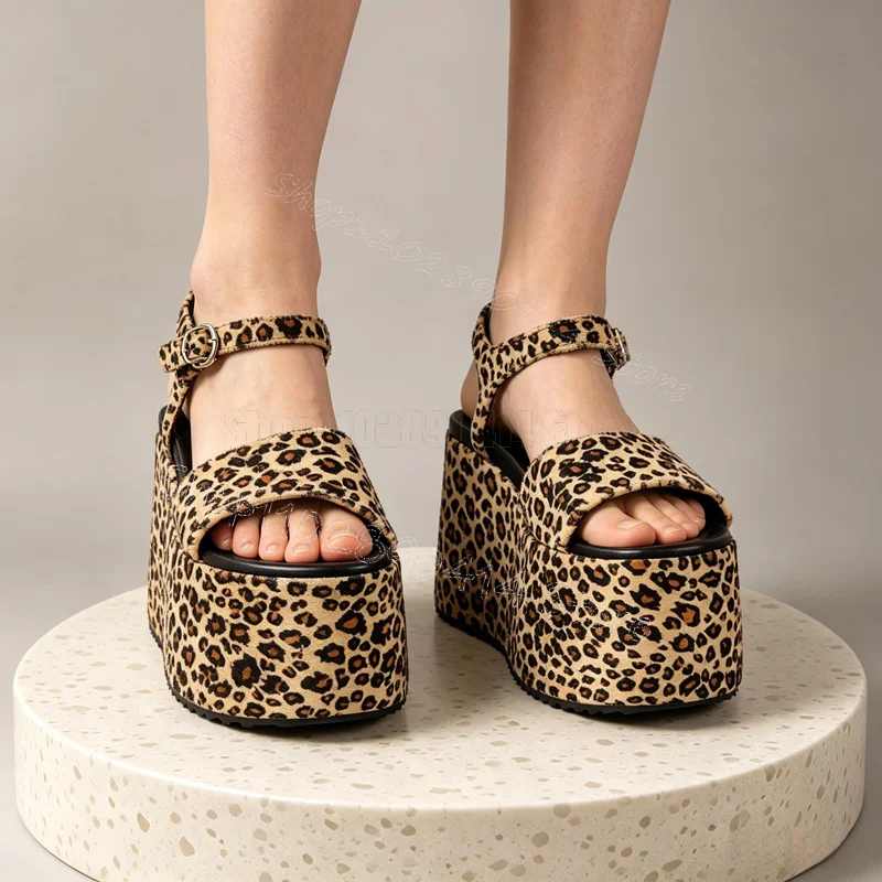 

Brown Leopard Print High Top Platform Sandals Buckle Strap Women Shoes Open Toe Fashion Party Banquet 2026 Zapatos Para Mujere
