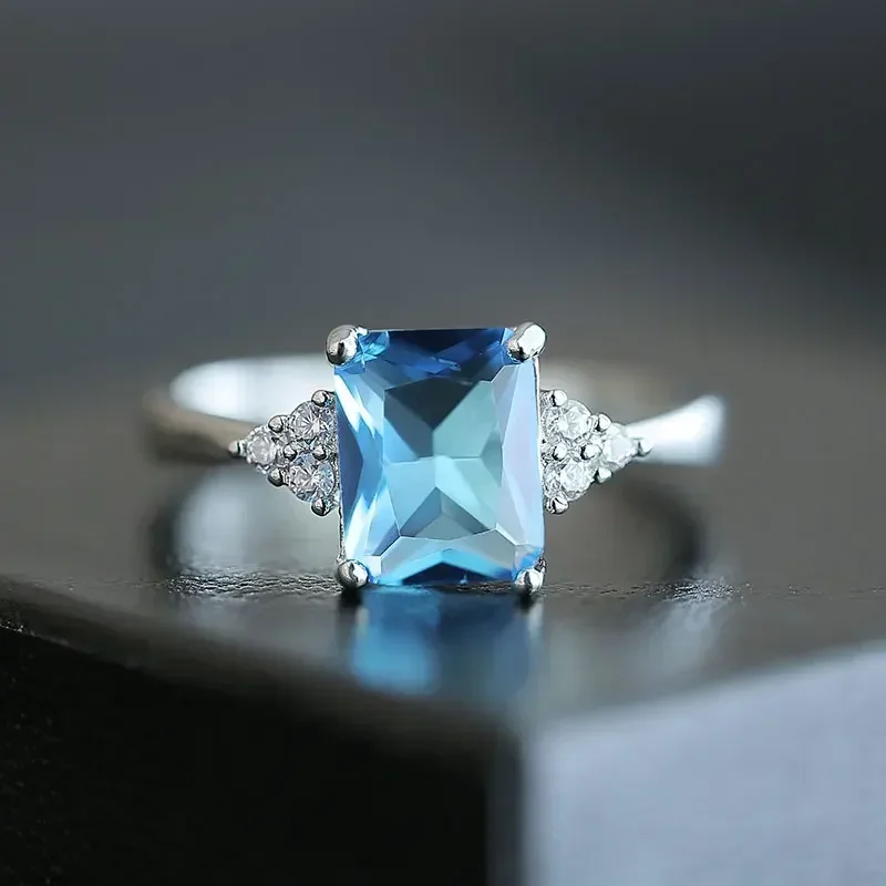 Classic Rectangular Blue CZ Wedding Bands Engagement Ring For Women 3 Colors Available Size 6-10 Factory Selling