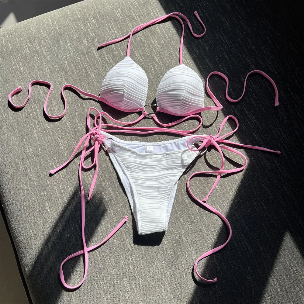 

Sexy Metal Heart-shaped Bikini Drawstring Bandage Hard Cup Swimsuit Women Two Piece Contrast Color Swimwear Push Up Beach Outfit