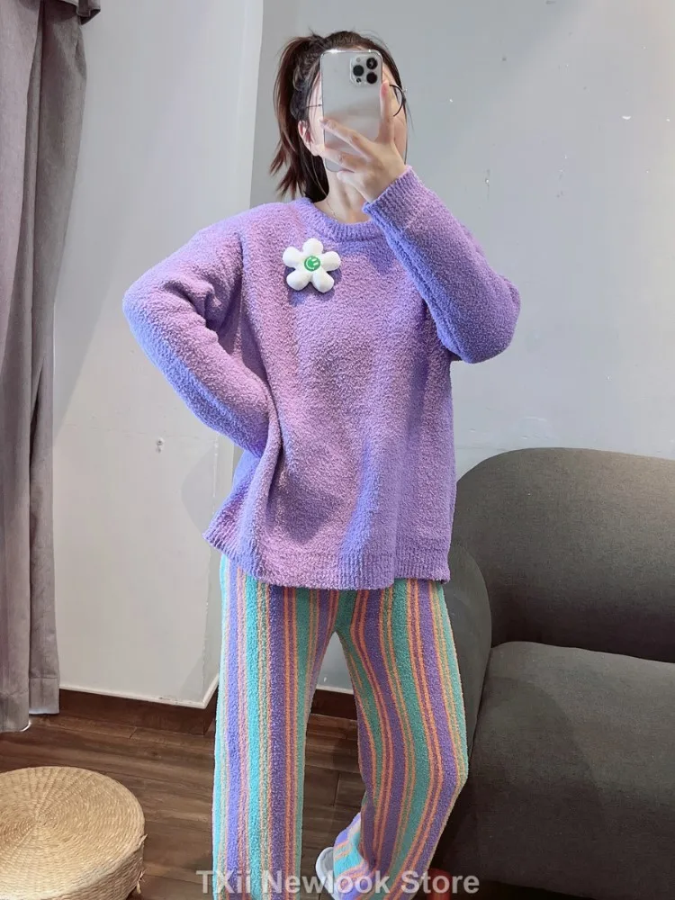 TXii Purple and Orange Pajamas Set Sweet Flower Pajamas for Women, Winter Season, Thick Coral Fleece, Half-sleeve Robe Set