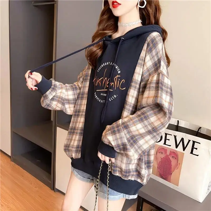 Hoodies bordados para mulheres, moletons xadrez, tops casuais, duas peças falsas, roupas soltas, moda, novo, primavera, 2021