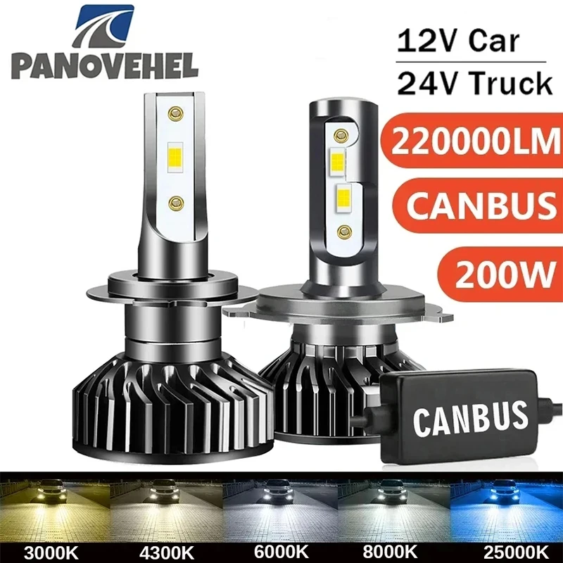 PANOVEHEL H7 H4 Led Canbus Headlight 220000LM 200W 12V 24V H1 H9 H11 9005 9006 Hb3 Hb4 Led Bulb Lamp for Car 4300K 6000K 8000K