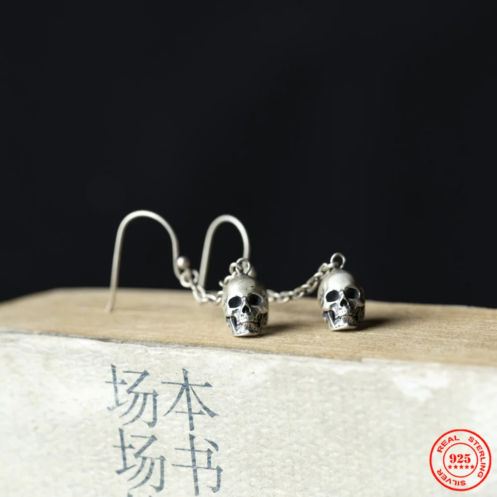 YIZIZAI Real 925 Sterling Silver Skull Head Earring Hip-hop Punk Dark Street Style Earring  Men Women's Jewelry Gifts