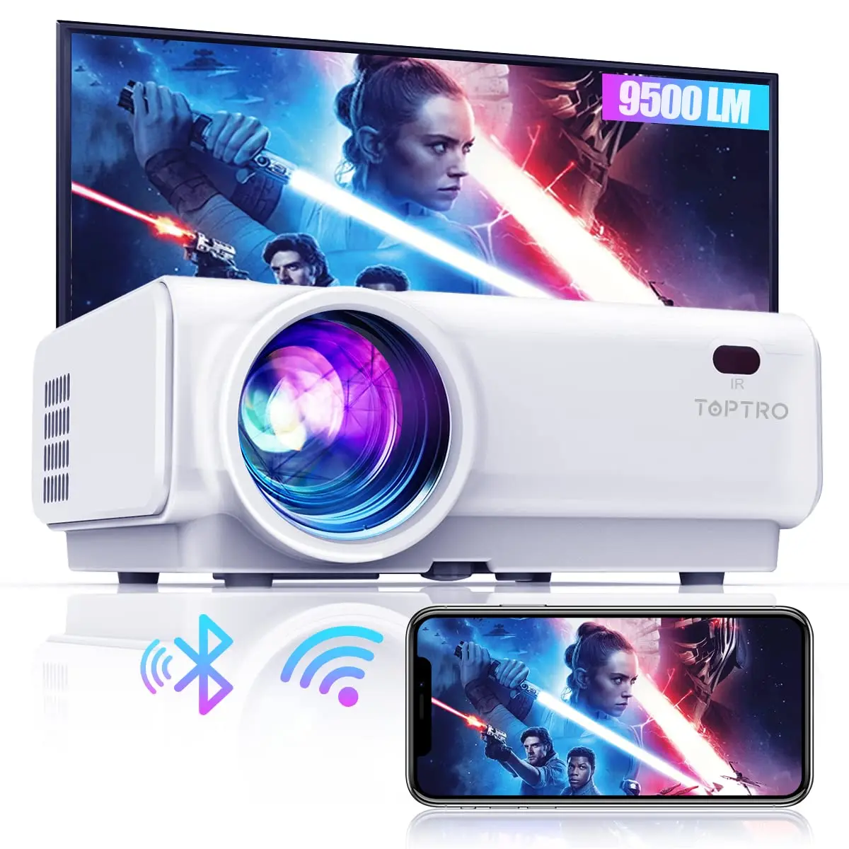 TOPTRO TR21 Mini Projector 9500Lumens WiFi Bluetooth Projector Support 1080P Home Video Projector Portable Movie Projector