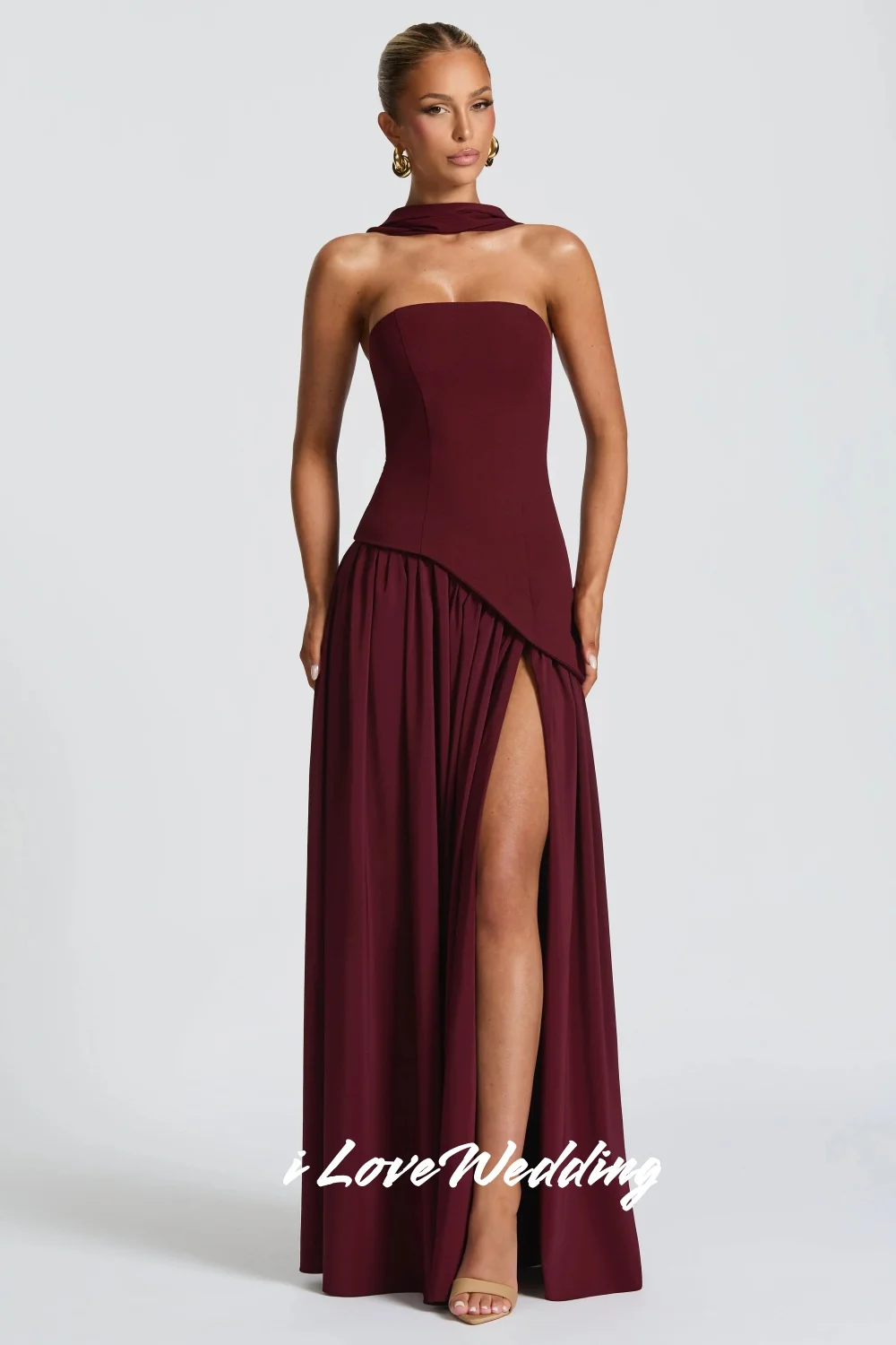 

Burgundy Strapless Evening Dresses Satin Sleeveless A-line Pleated Floor-Length Saudi Arabia Wedding Party Dress Customized