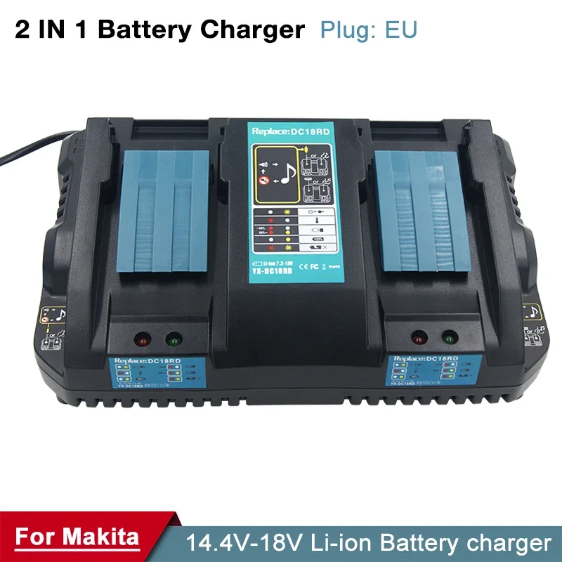 Double Battery Charger for Makita 14.4V 18V DC18RD DC18RC BL1860 BL1850 BL1830 4A Power Tool EU Plug 1pcs USB Adapter for phone