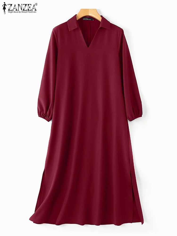 ZANZEA Elegant Turn Down Collar Long Dresses Women A-line Maxi Shirtdress Casual Long Sleeve Solid Robes Loose Pocket Vestidos