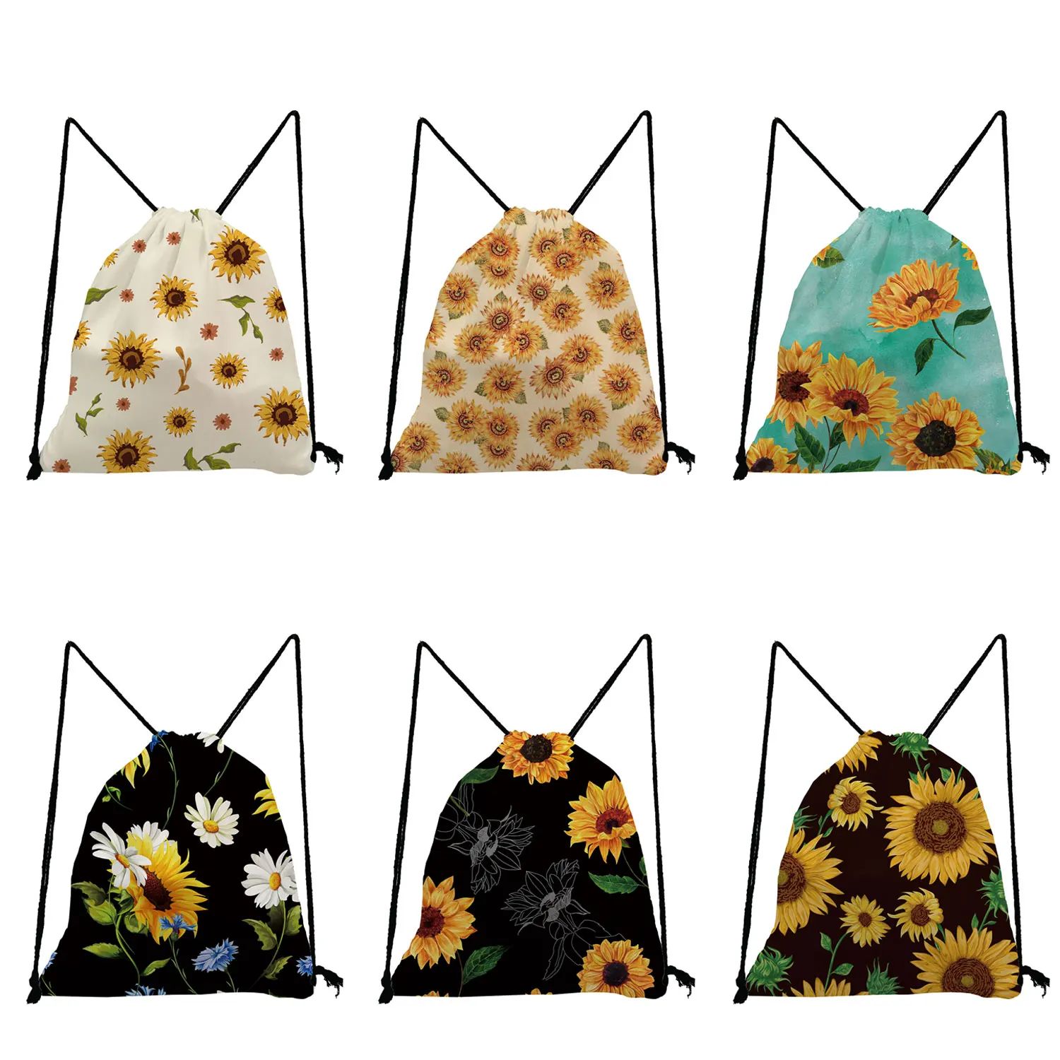 

Sunflower Printed Drawstring Bags Art Floral Graphic Child Backpack Customized Girls Student Portable Softback Bag Eco Reusable