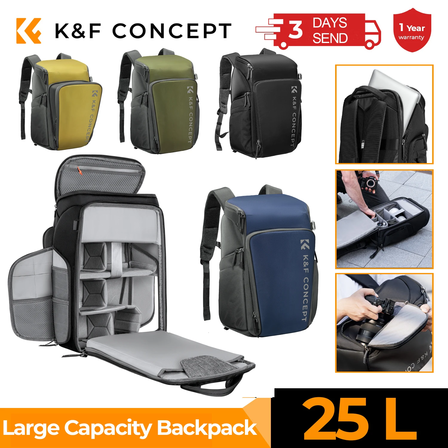 K&F Concept Professional Camera Backpack for Photographers Large Capacity Video Carry Case for Sony Canon Nikon DSLR Camera Lens