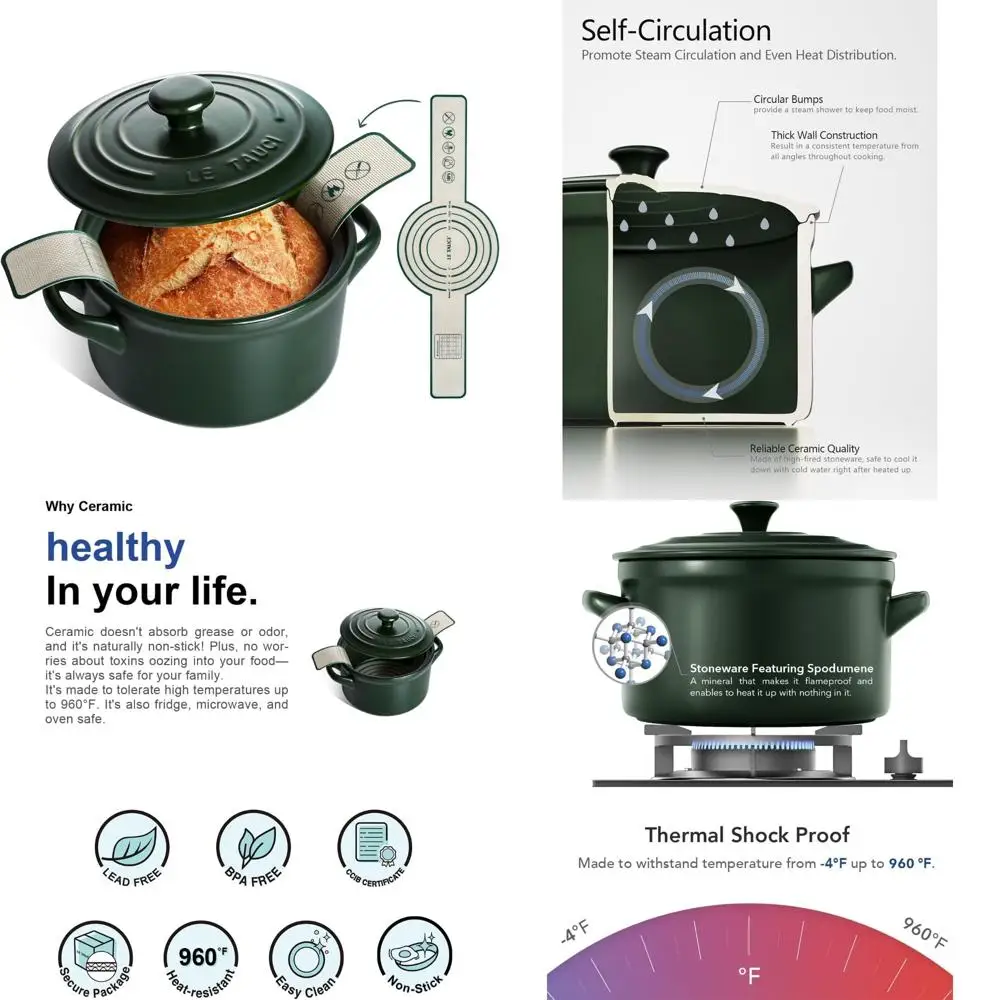 

Ceramic Dutch Oven for Bread Baking - Lightweight, Non-Toxic, No Seasoning Needed - Oven and Microwave Safe with Silicone Sling