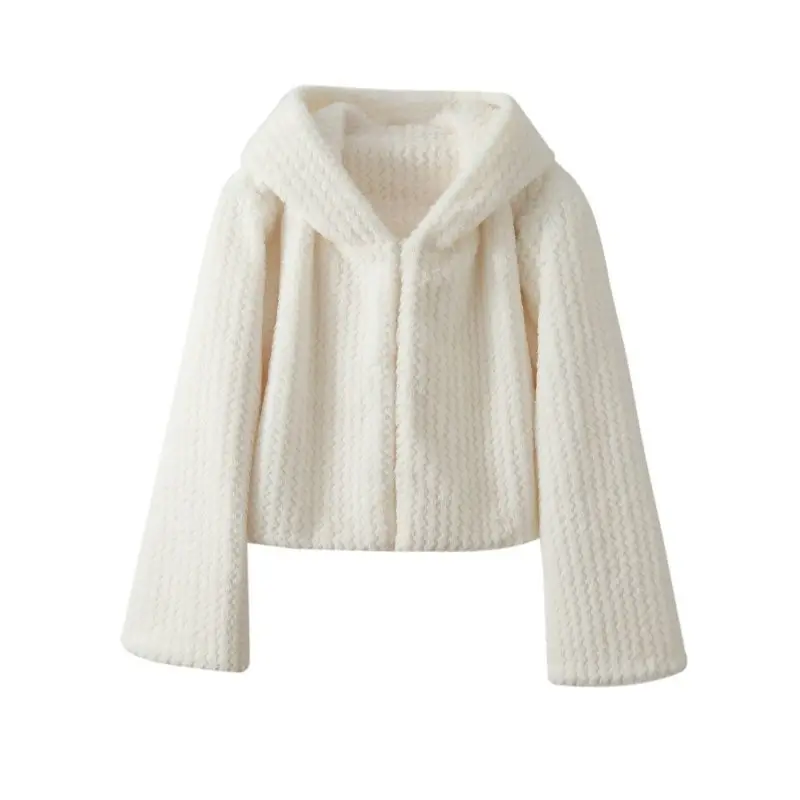 معطف فرو أرنب قصير بقلنسوة منسوج يدويًا جديد لخريف وشتاء 2025 للنساء #6