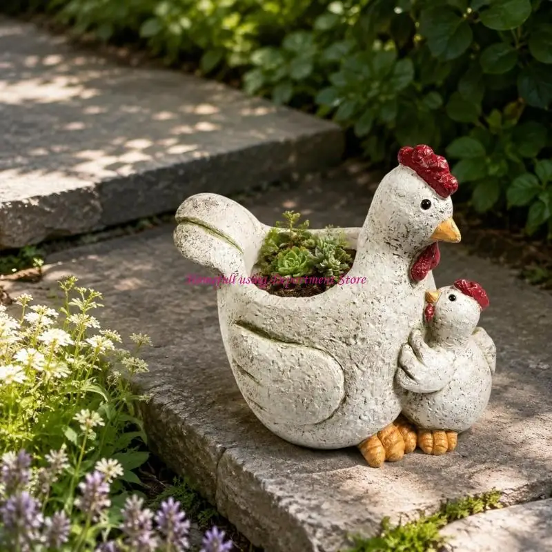 Decorative Hen Figure with Chick, Sculpting Face and Wing Detail, Resin Small Planter Pot for Farm Theme Farmhouses Shelf