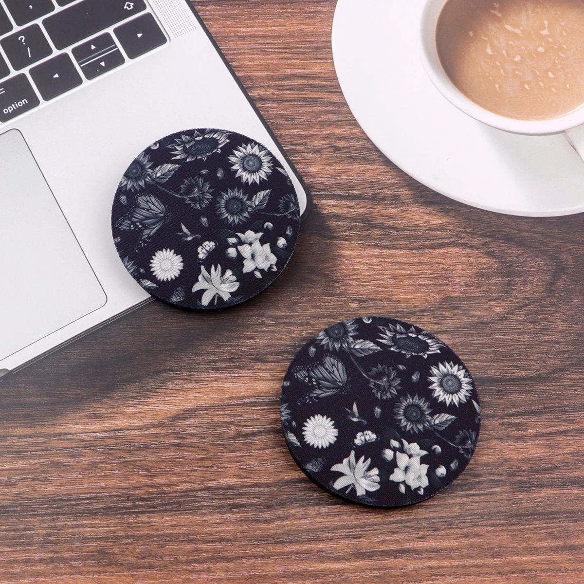 

2pcs Round Sunflower Car Cup Holder Coasters Black Flowers Car Water Cup Non-slip Mat Women Men Car Interior Accessories