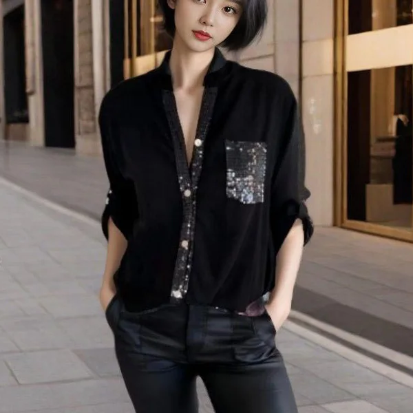 Kardigan damski w stylu commuter, z długim rękawem, z cekinami, nowa moda 2025