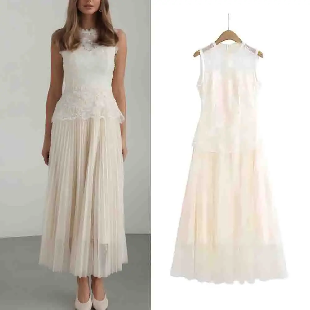 

Women's Summer Fashion Flower Lace Decorative Splicing Mesh Midi Dress Retro Sleeveless Women's Dress