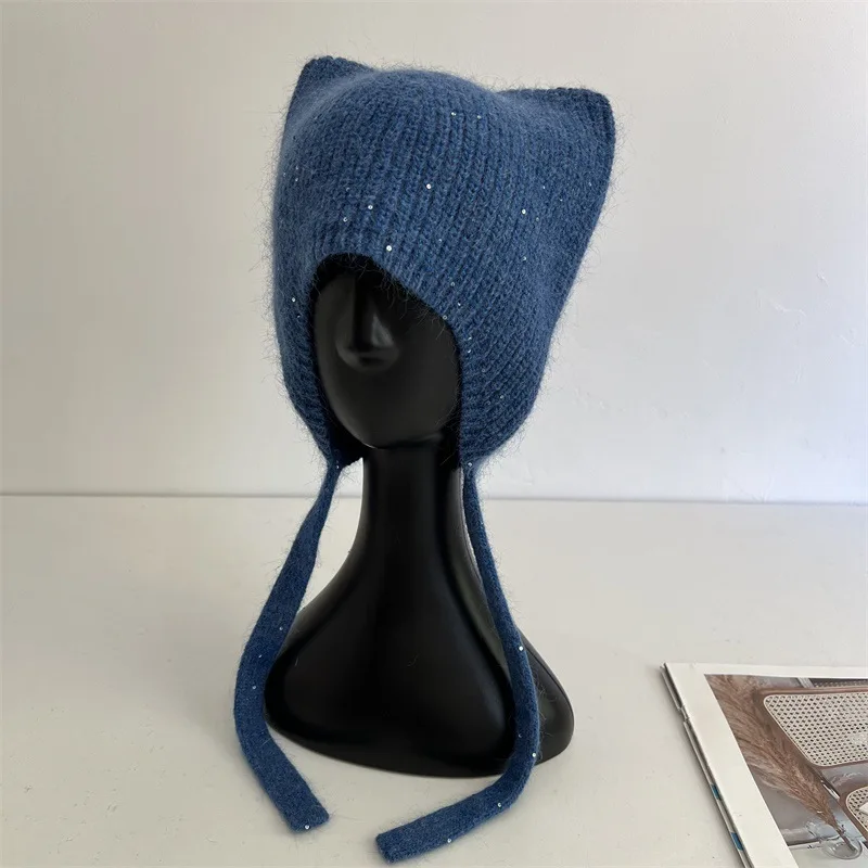 Korean Style Shiny Cat Ear Knitted Beanies for Women Soft Fluffy Ear Protection Hat Ladies Solid Color Tie Strap Winter Caps