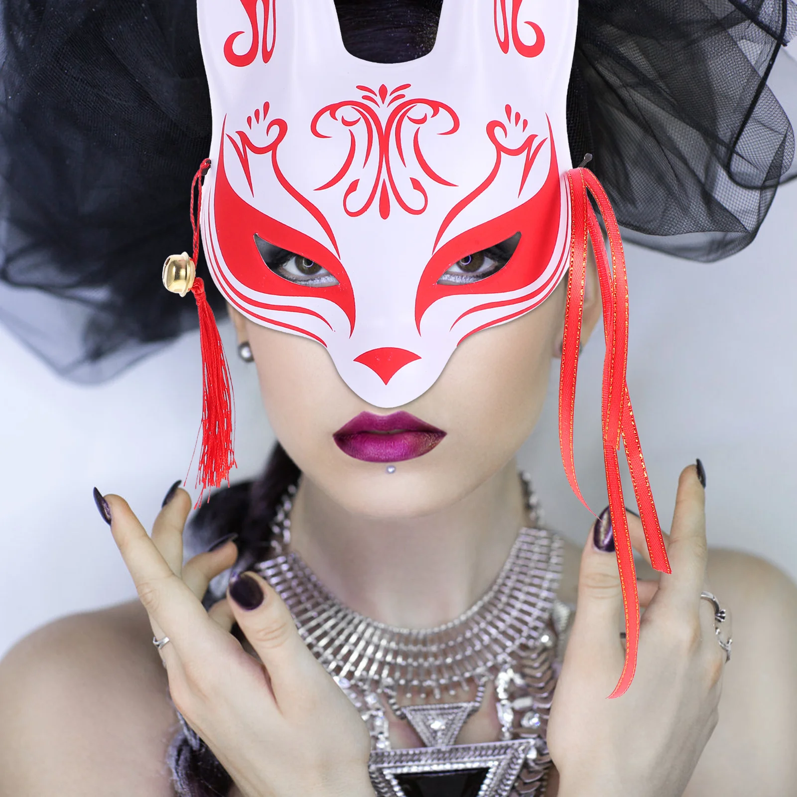 قطعة واحدة من قناع الثعلب على الطراز الياباني، قناع نصف وجه على شكل حيوان لحدث الهالوين التنكرية، تصميم فريد من نوعه لافتة للنظر للاستخدام الزخرفي