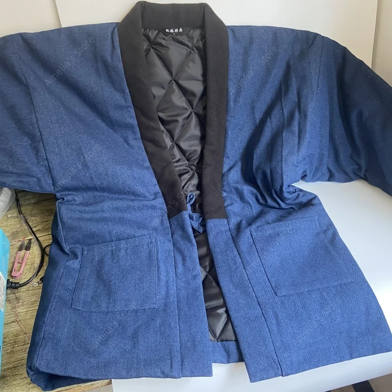 

Japanese Style Hanten Jacket Men Winter Quilted Cotton-Padded Coat Vintage Denim Noragi Workwear Oversized Kimono Women