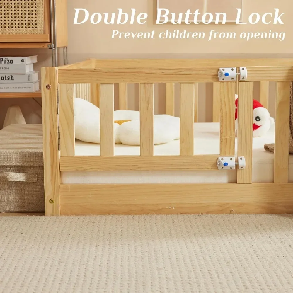 home Toddler Floor Bed with Door and Fence for Kids, Montessori Bed with 12 Slats and Safety Guardrails, Kids Bed Solid Wood