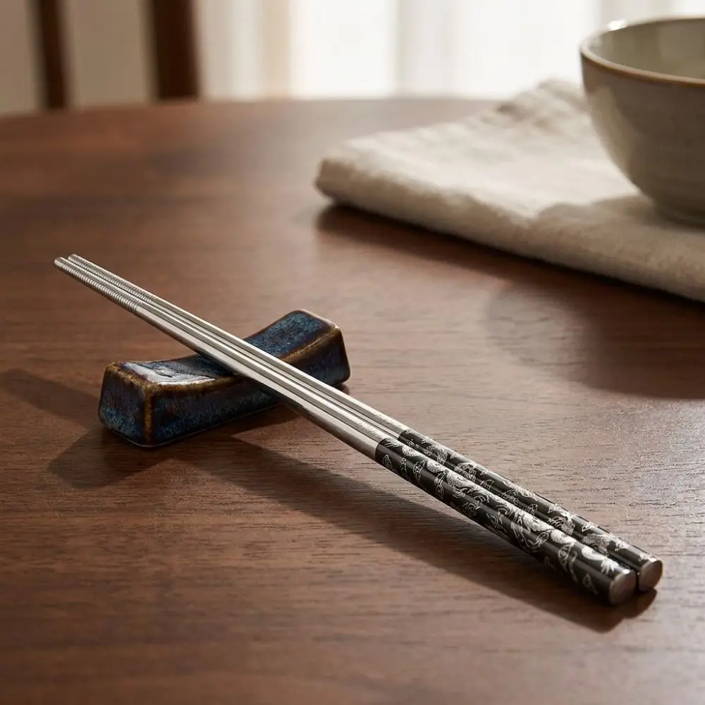 5 Pairs Non-Slip Stainless Steel Dragon Patter Chopsticks Dishwasher Safe Mold-resistant Chinese Chopsticks Rust-proof