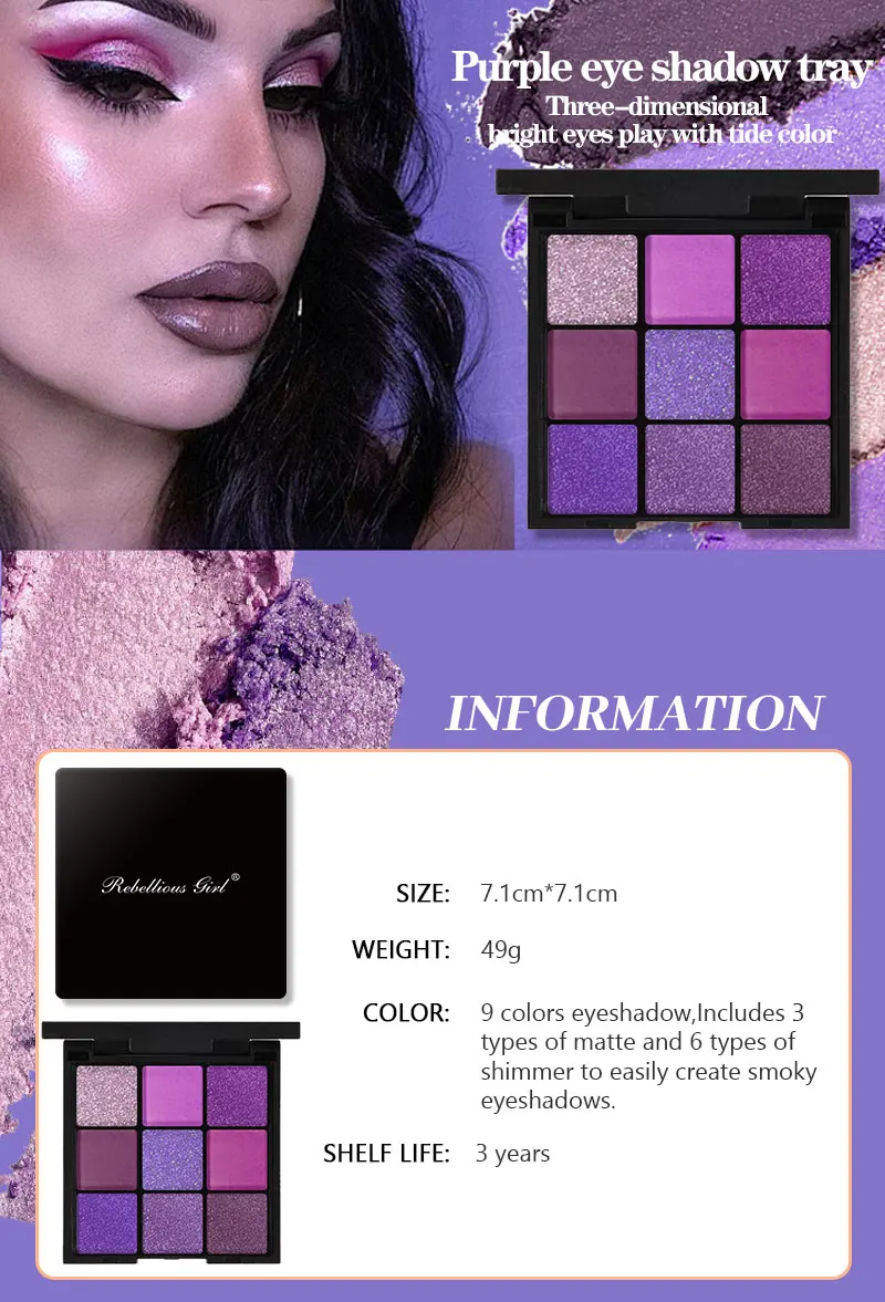 Luxuriöse Lila Lidschatten-Palette 9 Farben Matt und Schimmernd Violett Augen-Make-up für Rauchige oder Natürliche Looks Kosmetik – Detail 1