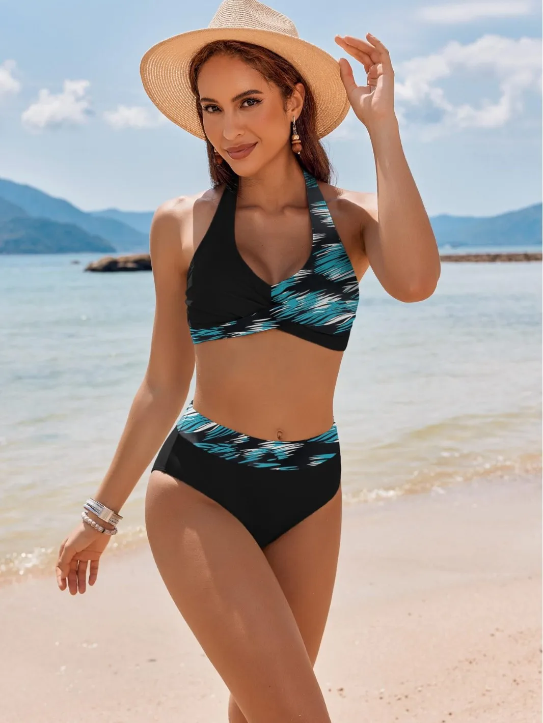 2026 Summer Halter Bikini Set Women Twist Front High Waisted Tummy Control Padded Swimwear Vacation Beach Two Piece Bathing Suit