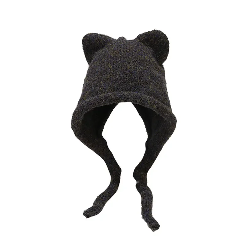 South Korea Instagram Cute Cat Ear Knitted Hat Women\'s Japanese Tie All Warm Windproof Ear Protective Hat Tie Hat Women\'s Hat