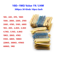 300pcs 30 Kinds 10Ω~1MΩ Value 1% 1/4W Metal Film Resistor Assorted Kit 10pcs Each Value with samples pack