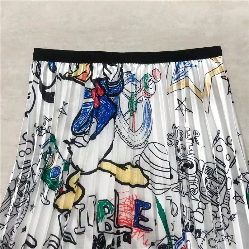 Saia midi estampada dos desenhos animados feminino, longa, vintage, casual, jovem, tamanho positivo, fina, plissada, verão