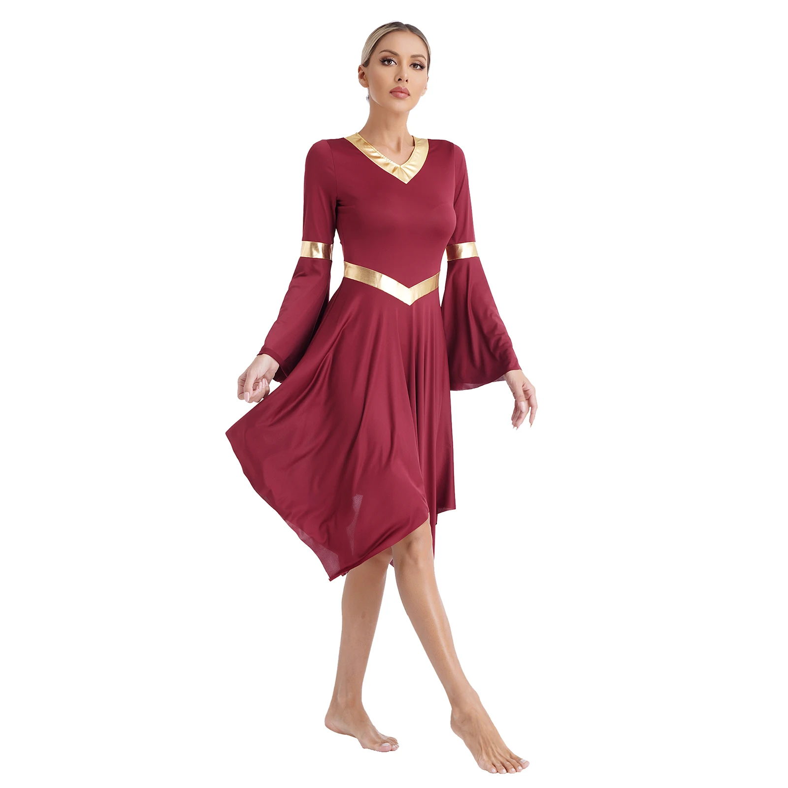 Frauen Lob liturgische Kleid Metallic Kontrast farbe V-Ausschnitt Flare Ärmel asymmetrische Saum Kleider Kirche Anbetung Tanz kleidung