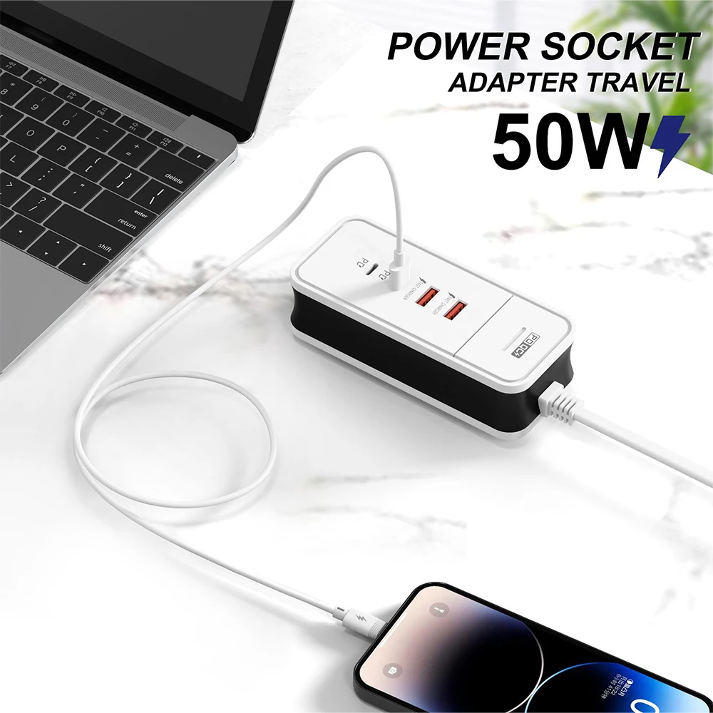 4-in-1 Power Socket Adapter 50W 2USB 2PD Fast Charging Charger Portable EU US Plug Socket For Home Office Travel Wall Charger